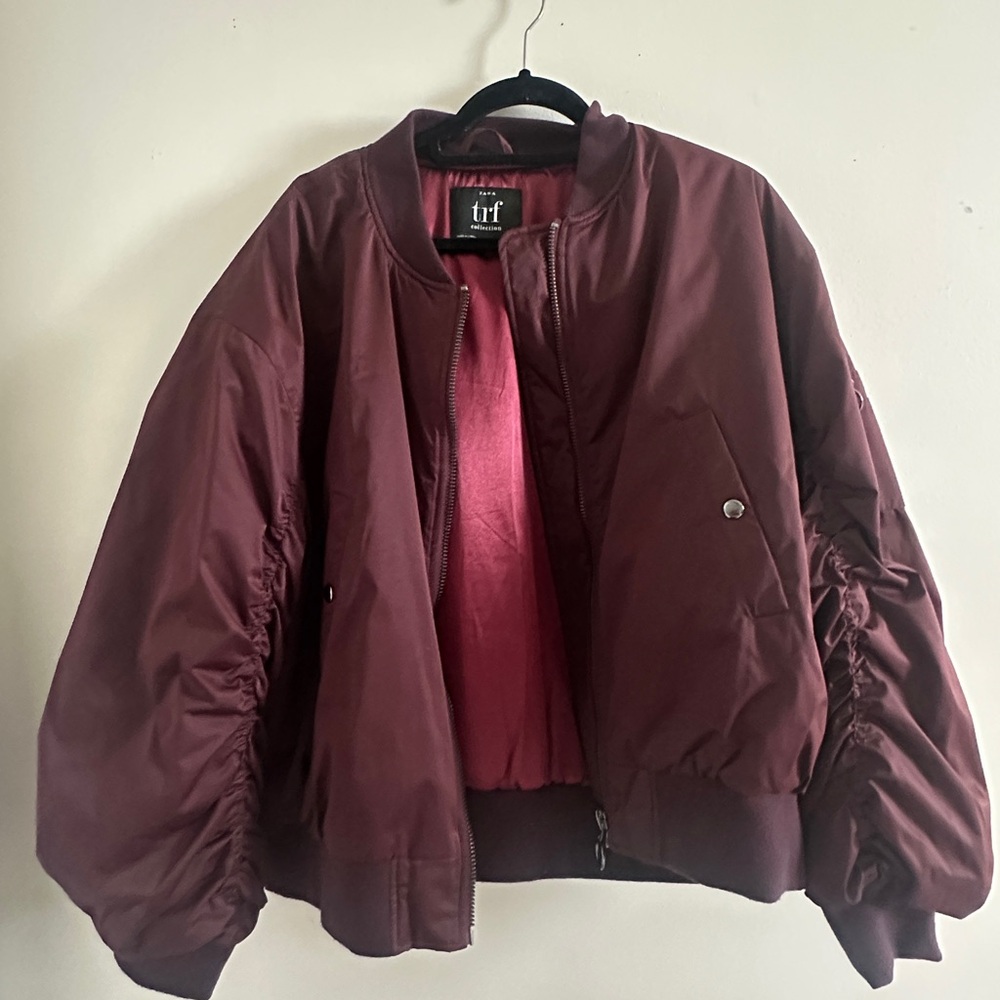 Zara Red Bomber Jacket with Ruched Sleeves and Satin Finish
